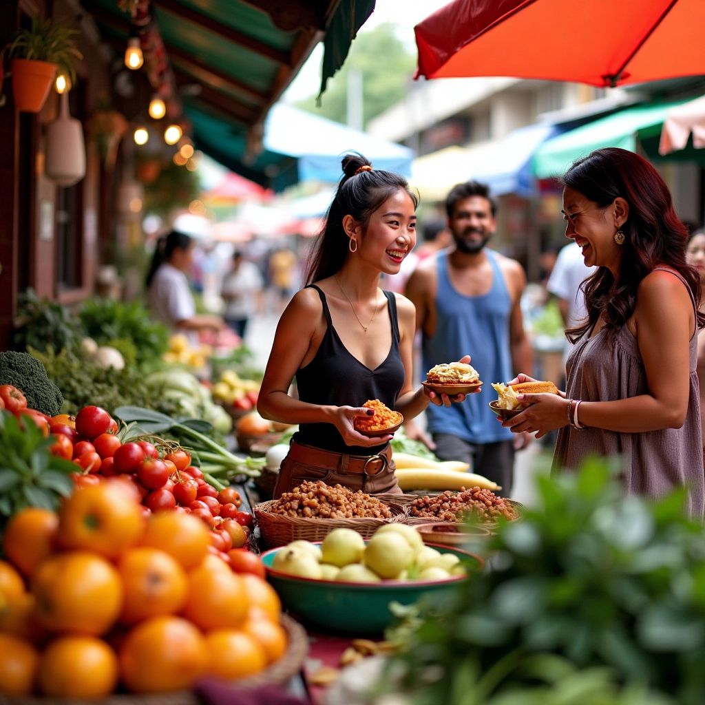 Wochenmarkt mit frischen Produkten und fröhlichen Menschen.